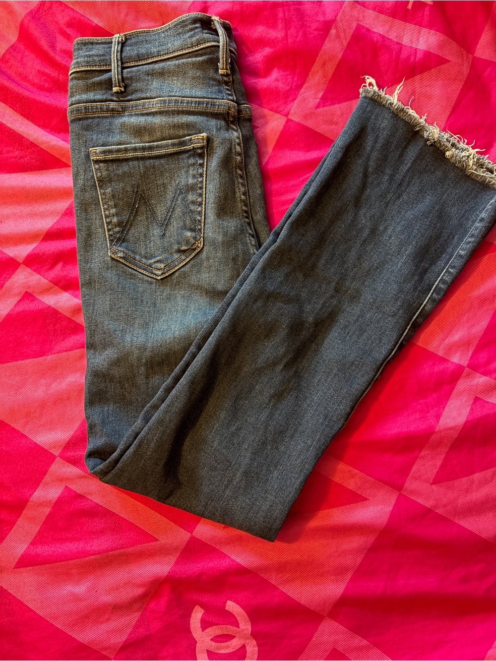 MOTHER Dark Blue Boot Cut Jeans with Frayed Hem